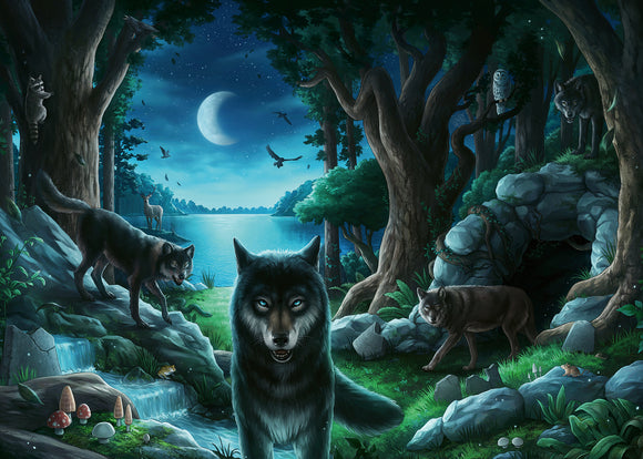 A beautifully illustrated jigsaw puzzle featuring a mystical night scene with wolves in a lush forest by a lake. The artwork captures various wildlife including a raccoon, deer, and birds against a starry sky with a crescent moon. Perfect for puzzle enthusiasts who enjoy nature themes.