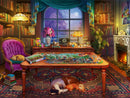 A cozy living room scene featuring a jigsaw puzzle on a wooden table. The puzzle depicts a vibrant countryside scene with animals and greenery. In the background, a purple armchair is occupied by a sleeping cat, and there are bookshelves filled with books and decorative items. A window shows a moonlit night outside, and a fireplace adds warmth to the atmosphere. Other pets are scattered around the room, enhancing the homely feel of the environment.