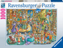 Midnight at the Library jigsaw puzzle by Ravensburger featuring a whimsical scene filled with characters like animals and fairy tale figures enjoying books in a vibrant library. The image includes a knight on a horse, a dragon, and various playful critters engaging with their surroundings, colored brightly to entice puzzle enthusiasts.