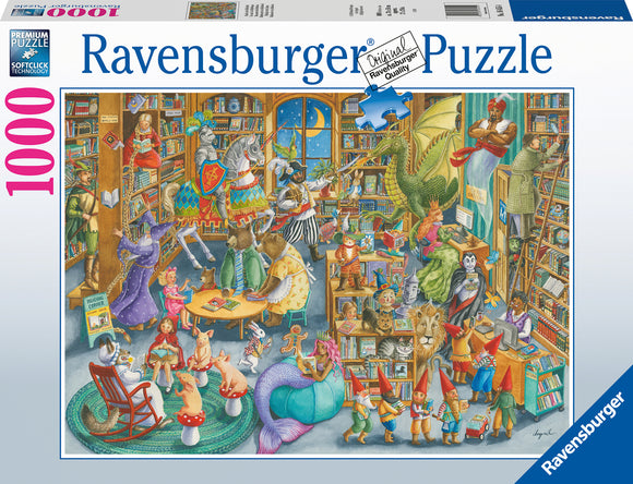 Midnight at the Library jigsaw puzzle by Ravensburger featuring a whimsical scene filled with characters like animals and fairy tale figures enjoying books in a vibrant library. The image includes a knight on a horse, a dragon, and various playful critters engaging with their surroundings, colored brightly to entice puzzle enthusiasts.