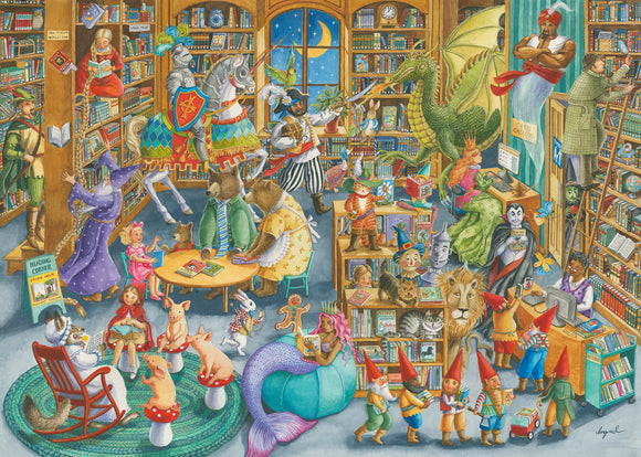 A vibrant jigsaw puzzle illustration titled 'Midnight at the Library', featuring whimsical characters like knights, animals, and fantasy creatures engaged in various activities in a cozy library filled with bookshelves and magical elements.