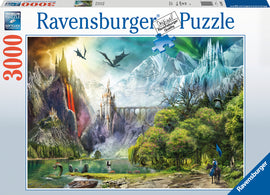 The Reign of Dragons jigsaw puzzle by Ravensburger features a vibrant fantasy scene with majestic mountains, a sparkling lake, a castle, and flying dragons. The artwork showcases intricate details and a lush landscape, capturing a magical world filled with adventure.