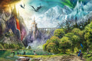 A fantastical landscape featuring majestic castles, towering mountains, a lava flow, and a serene lake with mythical creatures. Several dragons soar above the scenery, which includes lush greenery, colorful trees, and a bridge connecting the castles. In the foreground, a knight on horseback rides along a path by the water, while deer graze nearby. The vibrant colors illustrate a magical world filled with adventure.