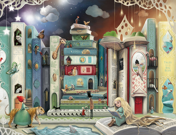 A whimsical jigsaw puzzle featuring a vibrant and imaginative scene of books and readers. The illustration showcases colorful stacks of books with various characters, including a girl reading and a tiger walking beside a girl in a dress. Butterflies and other creatures add a magical touch, set against a dreamy night sky filled with stars.