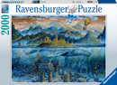 The 'Wisdom Whale' jigsaw puzzle by Ravensburger features a stunning underwater scene with a majestic whale swimming among ruins. Above the water, there are beautiful mountains and a hot air balloon drifting in the sky. The intricate artwork showcases vibrant colors and detailed imagery, making it an ideal challenge for puzzle enthusiasts.