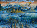 The Wisdom Whale jigsaw puzzle by Ravensburger features a stunning underwater scene showcasing a majestic whale swimming beneath the surface of a vibrant blue ocean. Above the water, a picturesque landscape with mountains, an island village, and a hot air balloon adds to the enchanting atmosphere. The artwork captures intricate details of the sea life and ruins, providing a captivating experience for puzzle enthusiasts.
