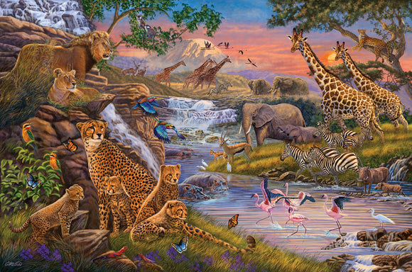 A captivating jigsaw puzzle titled 'Animal Kingdom' by Ravensburger, featuring a vibrant and detailed illustration of various wild animals in their natural habitat. The scene includes lions, leopards, zebras, elephants, and colorful birds set against a backdrop of cascading waterfalls and lush greenery, capturing the beauty and diversity of wildlife.