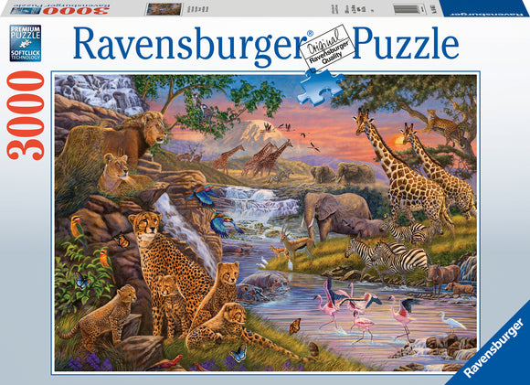 A captivating jigsaw puzzle titled 'Animal Kingdom' by Ravensburger featuring a vibrant scene of diverse wildlife. The artwork includes leopards, elephants, giraffes, and various birds, set against a picturesque backdrop of mountains, waterfalls, and lush greenery. This 3000-piece puzzle promises hours of engaging fun.