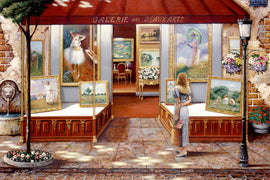 A beautiful jigsaw puzzle titled 'Gallery of Fine Arts' by Ravensburger. The image depicts an art gallery with a woman admiring paintings in a sunny outdoor setting. Colorful artworks showcase classic styles, and the gallery is adorned with flowers and elegant decor, creating a serene atmosphere.