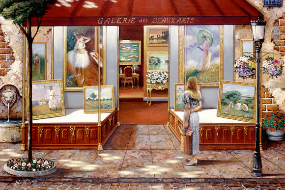A beautiful jigsaw puzzle titled 'Gallery of Fine Arts' by Ravensburger. The image depicts an art gallery with a woman admiring paintings in a sunny outdoor setting. Colorful artworks showcase classic styles, and the gallery is adorned with flowers and elegant decor, creating a serene atmosphere.