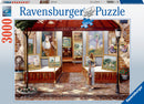 The Ravensburger Gallery of Fine Arts jigsaw puzzle features a beautifully illustrated scene of an art gallery, showcasing various paintings and a woman admiring the artwork. The intricate details capture a warm and inviting atmosphere, perfect for art lovers. This 3000-piece puzzle will provide hours of engaging fun.