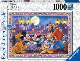 Ravensburger jigsaw puzzle featuring a vibrant scene with Disney characters Mickey Mouse, Minnie Mouse, Goofy, Donald Duck, and Pluto enjoying a night out with music and food. The background includes a moonlit sky and charming street lamps, creating a festive and magical atmosphere. The puzzle consists of 1000 pieces with premium quality and softclick technology for an easy fit.