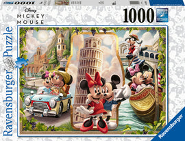 A vibrant 1000-piece jigsaw puzzle featuring Mickey and Minnie Mouse enjoying a scenic vacation. The artwork showcases iconic landmarks, including a gondola ride and the Leaning Tower of Pisa, surrounded by lush greenery and cheerful characters. Perfect for Disney fans and puzzle enthusiasts alike!