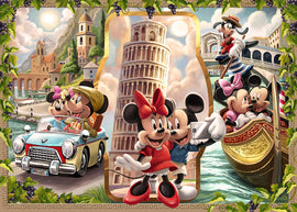 A vibrant jigsaw puzzle featuring Vacation Mickey and Minnie, showcasing iconic landmarks like the Leaning Tower of Pisa, scenic landscapes, and the characters enjoying various activities, such as driving in a classic car and taking selfies. The puzzle is bordered with lush vines and grapes.