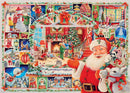 A colorful jigsaw puzzle featuring a festive Christmas scene. Santa Claus, with a cheerful expression and red outfit, stands alongside a reindeer. The background depicts various holiday activities, including children building a snowman, families celebrating around a decorated Christmas tree, and scenes of gift-giving, snow, and Santa's sleigh in the night sky. The artwork is richly detailed, capturing the joy and spirit of the holiday season.
