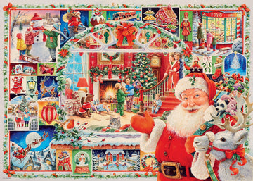 A colorful jigsaw puzzle featuring a festive Christmas scene. Santa Claus, with a cheerful expression and red outfit, stands alongside a reindeer. The background depicts various holiday activities, including children building a snowman, families celebrating around a decorated Christmas tree, and scenes of gift-giving, snow, and Santa's sleigh in the night sky. The artwork is richly detailed, capturing the joy and spirit of the holiday season.