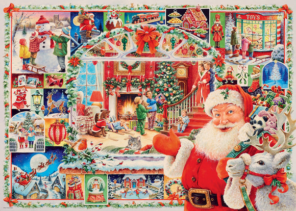 A colorful jigsaw puzzle featuring a festive Christmas scene. Santa Claus, with a cheerful expression and red outfit, stands alongside a reindeer. The background depicts various holiday activities, including children building a snowman, families celebrating around a decorated Christmas tree, and scenes of gift-giving, snow, and Santa's sleigh in the night sky. The artwork is richly detailed, capturing the joy and spirit of the holiday season.
