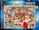 Ravensburger jigsaw puzzle titled 'Christmas is Coming!' featuring a festive holiday scene. The image showcases Santa Claus with a reindeer, children playing, and a cozy Christmas setting adorned with decorations, toys, and a roaring fireplace. The puzzle contains 1000 pieces and is designed in a colorful and cheerful style, ideal for family gatherings during the holiday season.