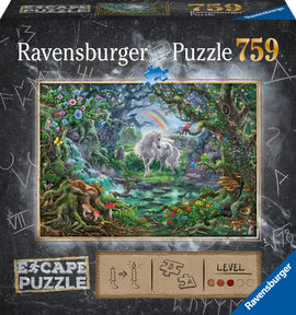 The Unicorn Escape Puzzle by Ravensburger features a whimsical forest scene with a majestic unicorn standing in a lush landscape, surrounded by colorful flowers, a rainbow, and various forest creatures. The puzzle box showcases the enchanting artwork and includes puzzle pieces that bring this magical world to life for an engaging, immersive assembling experience.