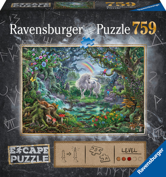 The Unicorn Escape Puzzle by Ravensburger features a whimsical forest scene with a majestic unicorn standing in a lush landscape, surrounded by colorful flowers, a rainbow, and various forest creatures. The puzzle box showcases the enchanting artwork and includes puzzle pieces that bring this magical world to life for an engaging, immersive assembling experience.