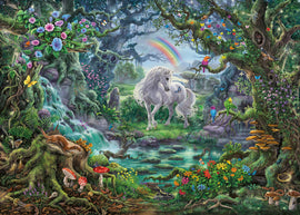 The Unicorn Escape Puzzle by Ravensburger features a vibrant, enchanting landscape with a white unicorn in a serene forest filled with colorful flowers, butterflies, and a rainbow. The scene includes a waterfall, a pond with lily pads, various small animals like squirrels and frogs, and rich greenery, creating a magical atmosphere perfect for puzzle enthusiasts.