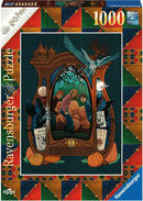 A 1000-piece jigsaw puzzle featuring a vibrant illustration inspired by the Harry Potter universe. The design showcases iconic elements such as a haunted house, pumpkins, and characters in wizard attire, set against a richly colored backdrop.