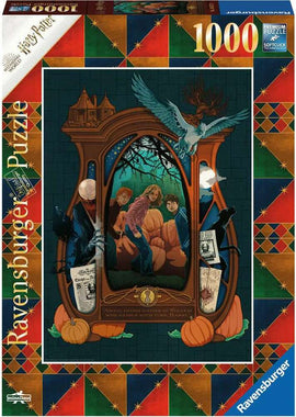 A 1000-piece jigsaw puzzle featuring a vibrant illustration inspired by the Harry Potter universe. The design showcases iconic elements such as a haunted house, pumpkins, and characters in wizard attire, set against a richly colored backdrop.