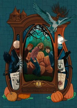 Ravensburger Harry Potter 3 jigsaw puzzle featuring Harry Potter, Hermione Granger, and Ron Weasley in a mystical scene. The background includes a haunted castle, pumpkins, and various magical elements like owls and shadows, embodying the enchanting world of wizards. Perfect for fans and puzzle lovers alike, this vibrantly illustrated image captures the adventure of meddling with time.