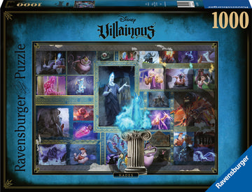 Disney Villainous: Hades 1000-piece jigsaw puzzle by Ravensburger, displaying vibrant artwork featuring Hades and other iconic Disney villains against a blue background. The puzzle showcases intricate details and colorful scenes that invite puzzle enthusiasts to assemble a captivating image.