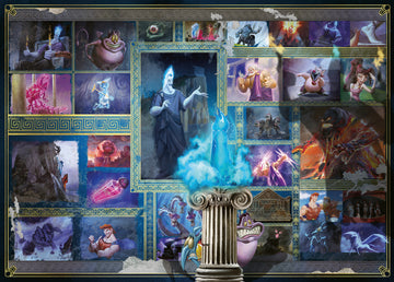 A visually striking 1000-piece jigsaw puzzle featuring Disney's Hades from Hercules. The artwork showcases Hades surrounded by other Disney villains and scenes, with a vibrant color palette and intricate designs. The puzzle includes characters like Hercules, the Hydra, and various mythical elements contained within ornate borders.