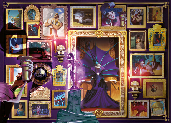 A colorful jigsaw puzzle featuring Disney Villain Yzma, set against a backdrop of ornate golden picture frames. The design includes various characters from the Disney universe, with Yzma prominently displayed in her iconic purple dress. The vibrant colors and intricate details make this puzzle visually appealing, perfect for fans of Disney villains and puzzle enthusiasts.