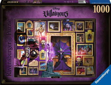 Disney Villainous jigsaw puzzle featuring Yzma surrounded by various frames depicting characters and scenes from Disney movies. The vibrant purple background complements the intricate illustrations of Yzma in her elaborate outfit. This 1000-piece Ravensburger puzzle offers a fun and challenging activity for Disney fans and puzzle enthusiasts alike.