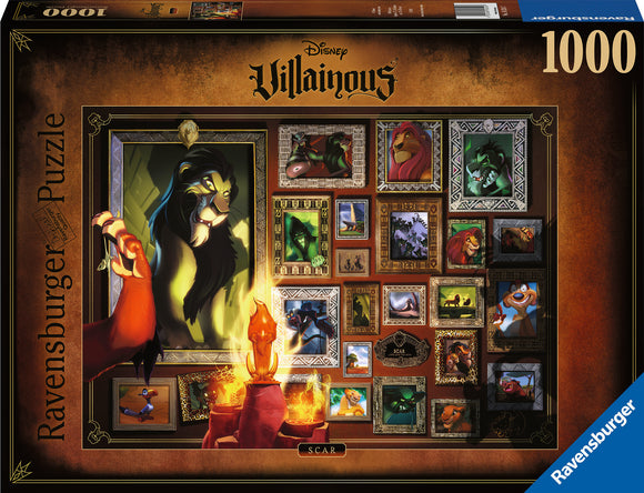 Disney Villainous: Scar jigsaw puzzle by Ravensburger featuring an intricate design surrounded by frames showcasing characters from The Lion King. The puzzle includes many colorful illustrations with Scar as the central figure, set against a background that highlights the artistry of Disney villains.