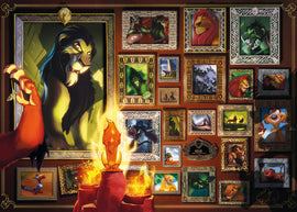 Disney Villainous: Scar jigsaw puzzle by Ravensburger. The image features Scar from The Lion King surrounded by framed scenes and characters from the movie, all in vibrant colors. The ornate design adds a rich, thematic touch, making this puzzle a perfect collectible for Disney fans.