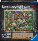 The Cursed Greenhouse jigsaw puzzle by Ravensburger featuring a vibrant and detailed illustration of an indoor greenhouse filled with colorful flowers, gardening tools, and a variety of plants. The scene is rich with intricate designs and hidden elements for an immersive puzzling experience.