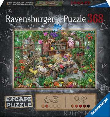 The Cursed Greenhouse jigsaw puzzle by Ravensburger featuring a vibrant and detailed illustration of an indoor greenhouse filled with colorful flowers, gardening tools, and a variety of plants. The scene is rich with intricate designs and hidden elements for an immersive puzzling experience.