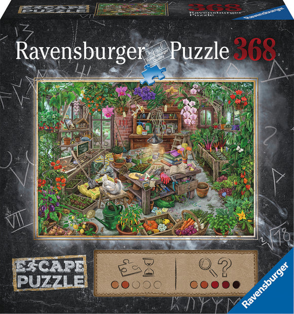 The Cursed Greenhouse jigsaw puzzle by Ravensburger featuring a vibrant and detailed illustration of an indoor greenhouse filled with colorful flowers, gardening tools, and a variety of plants. The scene is rich with intricate designs and hidden elements for an immersive puzzling experience.
