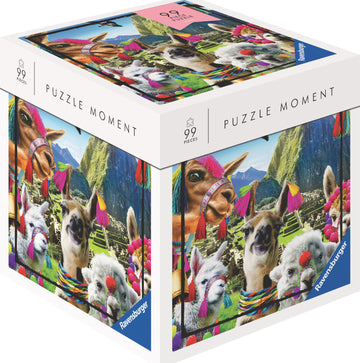 Llama jigsaw puzzle by Ravensburger featuring a colorful design with llamas adorned in vibrant decorations set against a scenic mountainous background. The packaging displays '99 pieces' and the phrase 'Puzzle Moment.' This fun and engaging puzzle is perfect for llama lovers and puzzle enthusiasts.