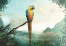 A vibrant jigsaw puzzle titled 'Parrot' by Ravensburger, featuring a colorful macaw perched on a branch amidst lush greenery and misty mountains in the background. The stunning imagery invites puzzle enthusiasts to immerse themselves in a tropical landscape.
