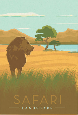 A jigsaw puzzle titled 'Safari' by Ravensburger, depicting a scenic landscape with a silhouette of a lion in the foreground, grass swaying in the breeze, and distant hills and trees under a blue sky.