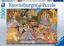 A 2000-piece jigsaw puzzle by Ravensburger depicting a colorful and intricate illustration of Cinderella's story. The image features Cinderella in her ball gown, surrounded by various characters and elements from the fairy tale, including the pumpkin carriage, the clock striking midnight, and lovely princesses in elaborate dresses, showcasing vibrant colors and detailed art.