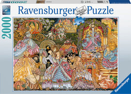 A 2000-piece jigsaw puzzle by Ravensburger depicting a colorful and intricate illustration of Cinderella's story. The image features Cinderella in her ball gown, surrounded by various characters and elements from the fairy tale, including the pumpkin carriage, the clock striking midnight, and lovely princesses in elaborate dresses, showcasing vibrant colors and detailed art.