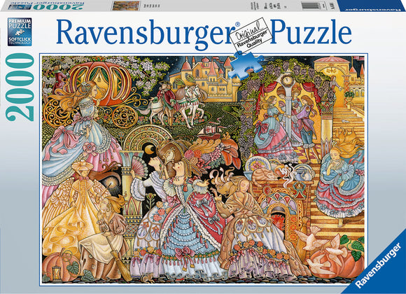 A 2000-piece jigsaw puzzle by Ravensburger depicting a colorful and intricate illustration of Cinderella's story. The image features Cinderella in her ball gown, surrounded by various characters and elements from the fairy tale, including the pumpkin carriage, the clock striking midnight, and lovely princesses in elaborate dresses, showcasing vibrant colors and detailed art.