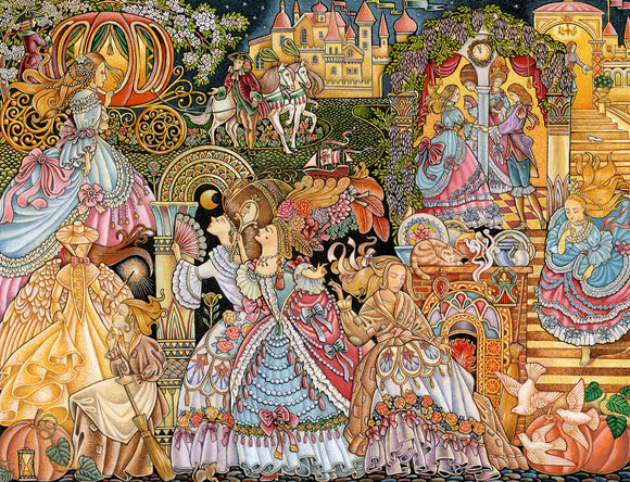 A vibrant jigsaw puzzle illustration depicting scenes from the Cinderella fairy tale. Featuring Cinderella in various beautiful dresses, the iconic pumpkin carriage, a castle backdrop, and other characters like the fairy godmother and the stepsisters, all intricately designed in vivid colors.