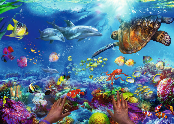A vibrant jigsaw puzzle by Ravensburger titled 'Snorkeling', featuring an underwater scene teeming with colorful fish, dolphins, a sea turtle, and intricate coral reefs. The image captures a mesmerizing view of marine life in bright, lively colors, perfect for puzzle enthusiasts and ocean lovers alike.