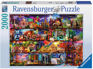 A colorful 2000-piece jigsaw puzzle by Ravensburger titled 'World of Books'. The image features a vibrant bookshelf containing various iconic landmarks, literary themes, and cultural elements from around the world, beautifully arranged in a whimsical design.