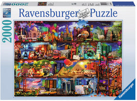 Ravensburger jigsaw puzzle titled 'World of Books', featuring an intricate design with famous landmarks, colorful books, and various cultural icons displayed on shelves. The puzzle contains 2000 pieces, promising an engaging and enriching experience.