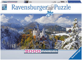 A stunning jigsaw puzzle from Ravensburger featuring a 2000-piece panoramic view of Neuschwanstein Castle, surrounded by the majestic snowy mountains and colorful autumn trees. This challenging puzzle showcases the beautiful blend of nature and architecture, perfect for puzzle enthusiasts and fans of iconic landmarks.