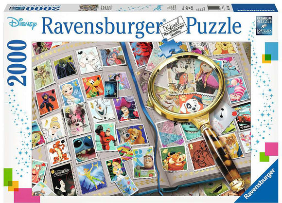 Disney stamp album jigsaw puzzle by Ravensburger featuring 2000 pieces. The image shows a colorful assortment of Disney character stamps laid out in an album beside a magnifying glass, capturing the essence of beloved characters like Elsa, Mickey Mouse, and Winnie the Pooh.