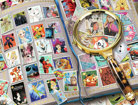 A visually rich Disney Stamp Album featuring numerous colorful stamps with beloved Disney characters including Elsa, Mickey Mouse, and characters from 'The Incredibles'. A magnifying glass sits atop the album, enhancing the detailed images of the collectible stamps. The album is designed in a vibrant and playful style, appealing to fans of Disney and puzzle enthusiasts alike.